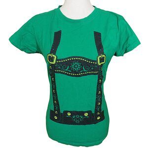 Tultex Women's Green Lederhosen German Oktoberfest Fitted Tee Shirt Size Large